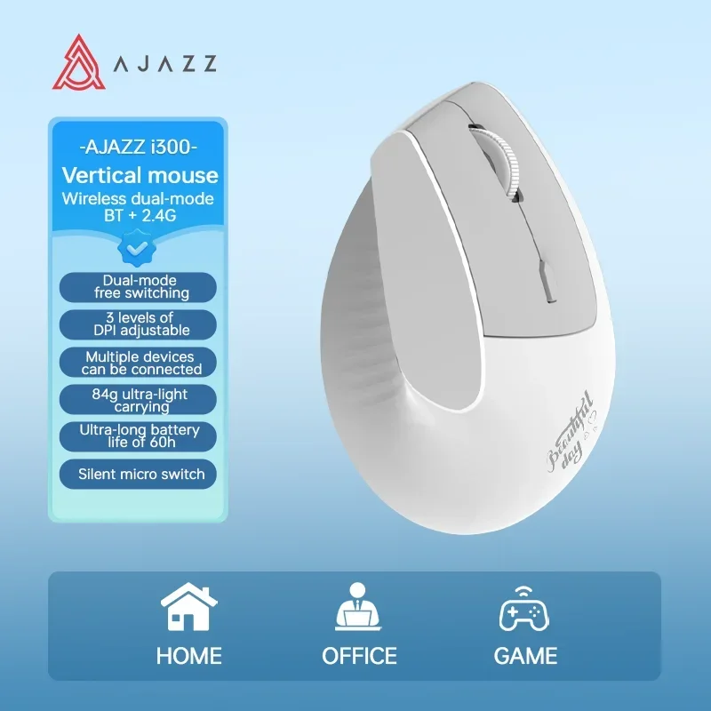 

AJAZZ I300 Dual-Mode Wireless Vertical Office Mouse 1600 DPI 57° Quiet and Lightweight Gaming Mouse Gift, Ergonomically Designed