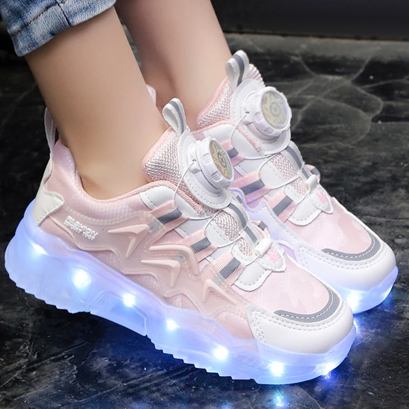 Children\'s Casual Sports Shoes with Rotating Button Two Wheel LED Lights USB Charging Training Shoes Kids Sneakers