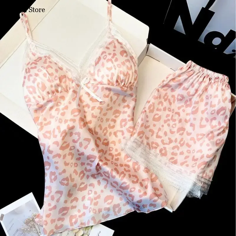 

Летняя ночная рубашка, 2 шт., нижнее белье, леопардовый пижамный костюм с v-образным вырезом, сексуальное нижнее белье на шнуровке, женская атласная одежда для сна с принтом, домашняя одежда