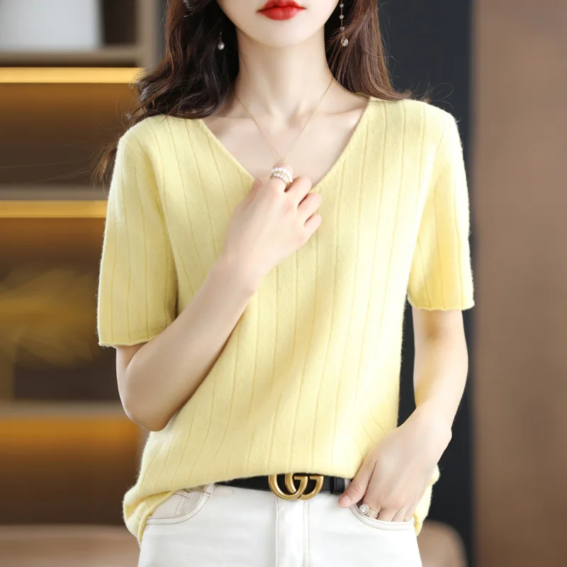 Hot Sale 100% Merino Wool Women's Sweater Pullover T-shirt 2024 Spring/Summer Female V-Neck Clothing Short SLeeved Soft Jumper