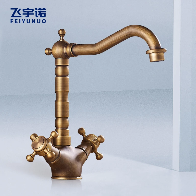 European Retro Brass Basin Faucet with Dual Handle,  Hot and Cold Rotatable Faucet for Bathroom Sink