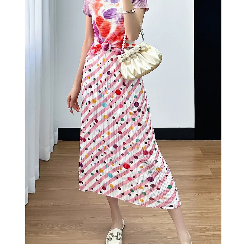 Pleated skirt (skirt legs split) with colorful polka dot print half body skirt for women in summer, thin, loose and slimming