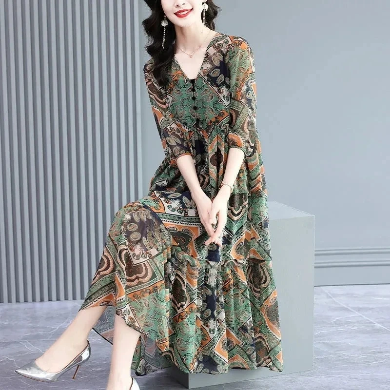 Nueva moda Primavera Verano versión coreana Retro Floral vestido de gasa mujeres temperamento Casual cuello pico vestido de fiesta Mujer Vestidos