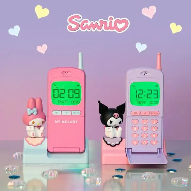 Mymelody Kuromi reloj electrónico de escritorio adornos de alarma muñeca bonita mesa Retro Colock teléfono Kawaii Anime juguete de peluche para regalo de niña
