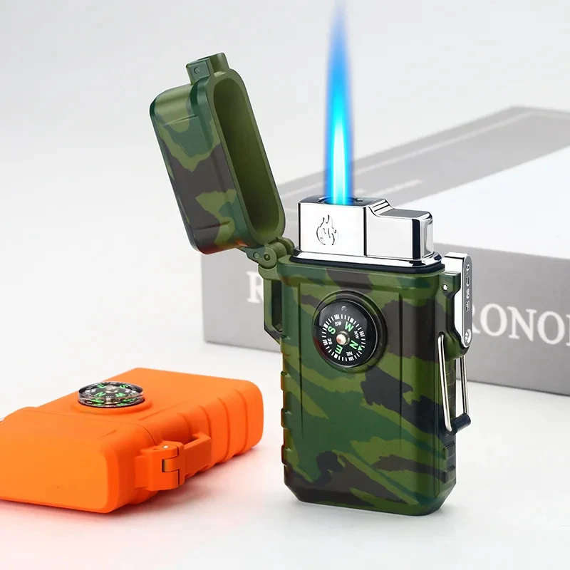 Windproof and Waterproof Direct Torch Butane Gas Lighter, Blue Flame, Cigar Lighter with Compass, Outdoor Camping Tools