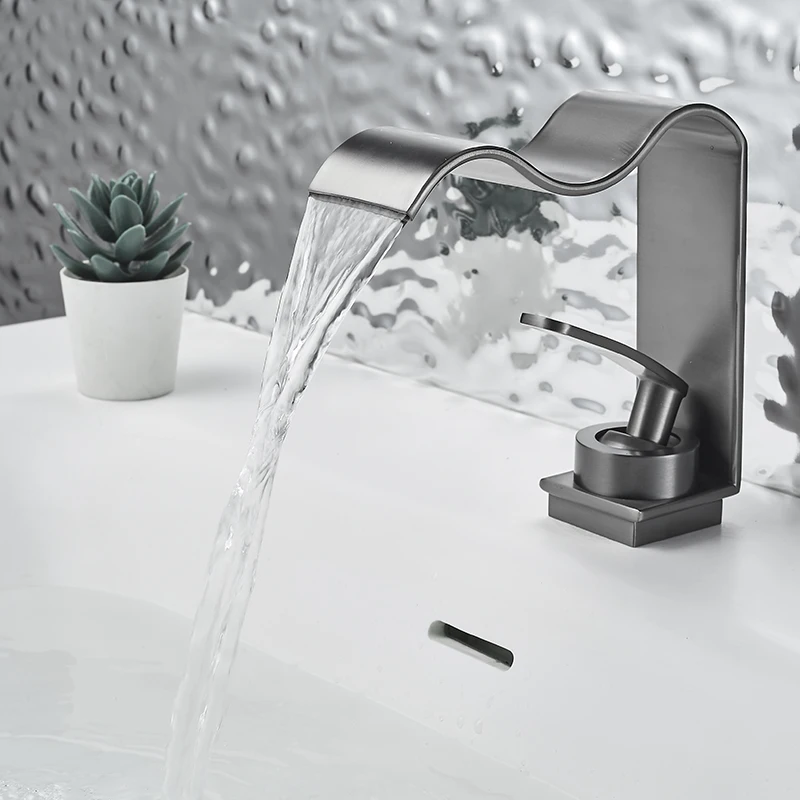 

Luxury brushed brass gold bathroom sink faucet deck-mounted hot and cold brass faucet waterfall basin faucet washroom faucet