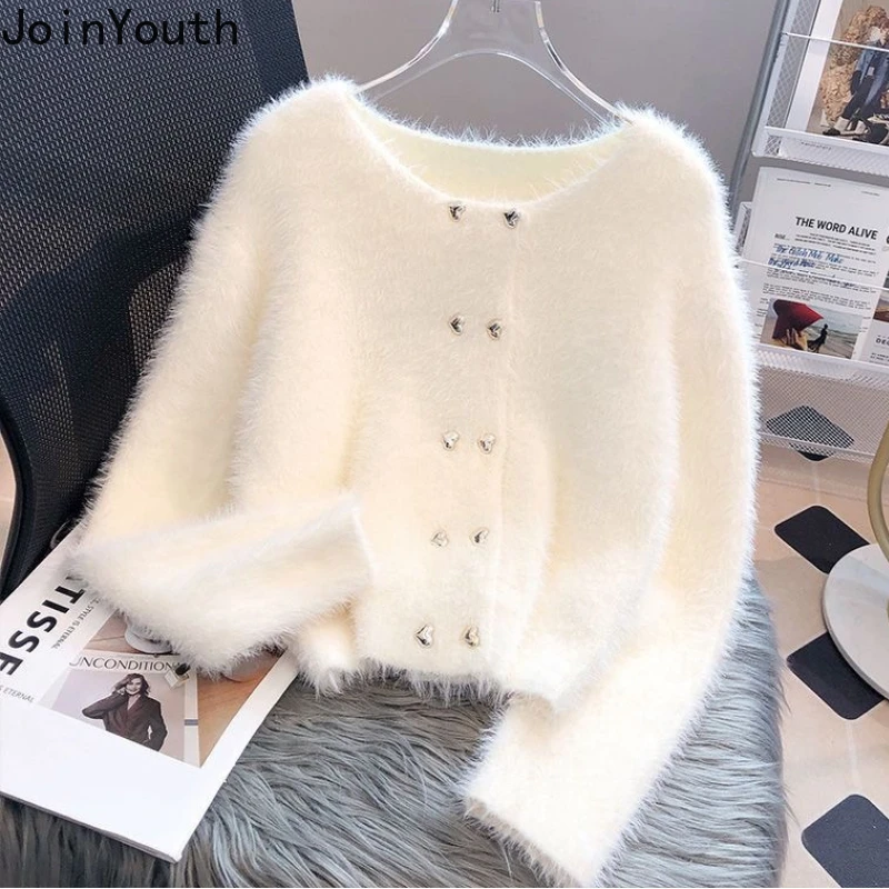 Soft Furry Cardigan Women Winter Clothing Thicked Double-breasted Pull Femme Fashion Sweet Knitting Cropped Tops Sweater Jackets