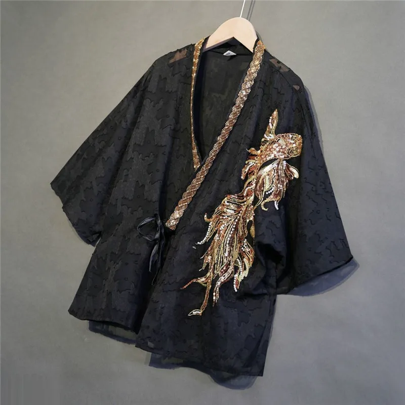 High Quality Sequined Beading Loose Black Jacket Women Lace Hollow Out Long Sleeve Breathable Chinese Coat Thin