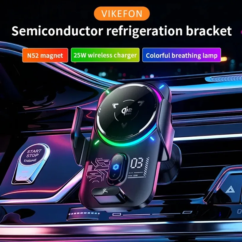 Car Wireless Charger QI2.2 25W Cooling Magnetic Mount For iPhone 17 16 Samsung S25 Air Vent RGB Light 360 Rotation Black