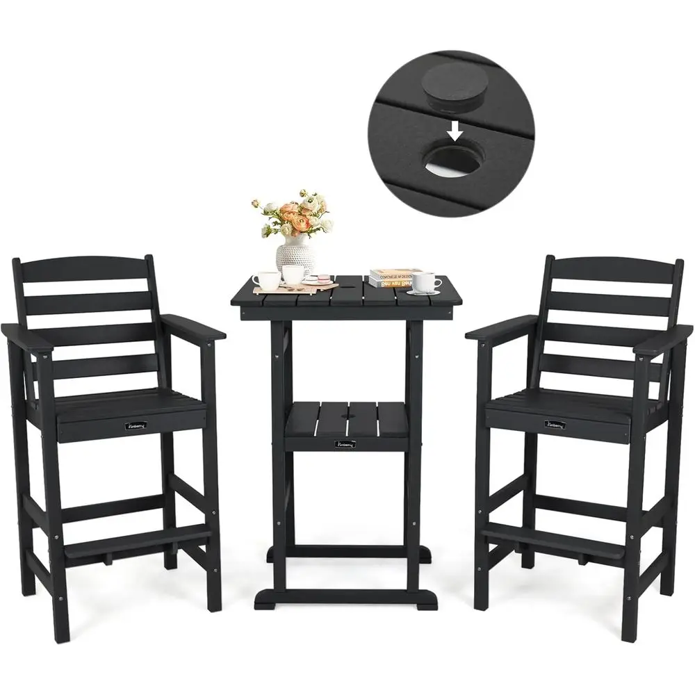 

Weather-Resistant HDPE Outdoor Bar Set with Umbrella Holes, Tall Adirondack Seating and Bistro Table for Patio or Balcony