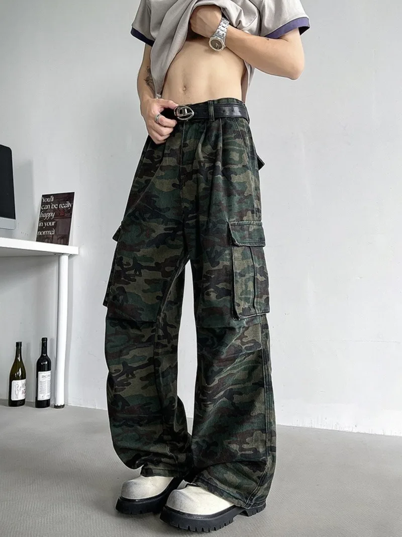 

American High Street Camouflage Work Pants Men's Spring Summer Trendy Vintage Wide Leg Straight Pure Cotton Multi ket Casu...