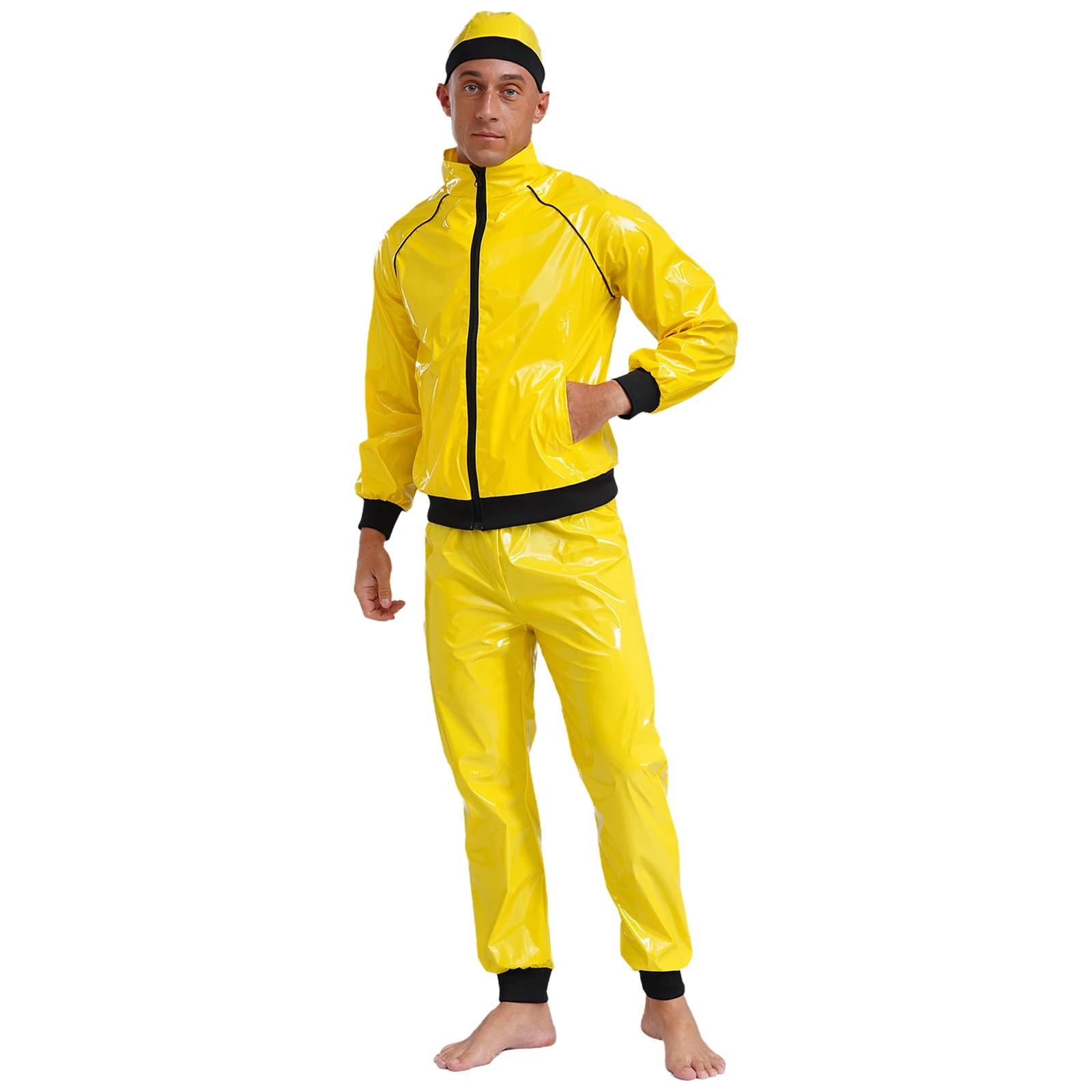 Mens Retro Disco PU Leather Halloween Cosplay Outfit Hat Front Zip-up Jackets Coat And Jogging Pants 3-piece Jazz Rapper Suit