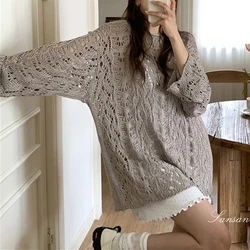 Korean Fashion Elegant Hollow Out Design Oversized Sweater Women Spring Summer Autumn Ladies Pullover Pull Femme Cheap Wholesale