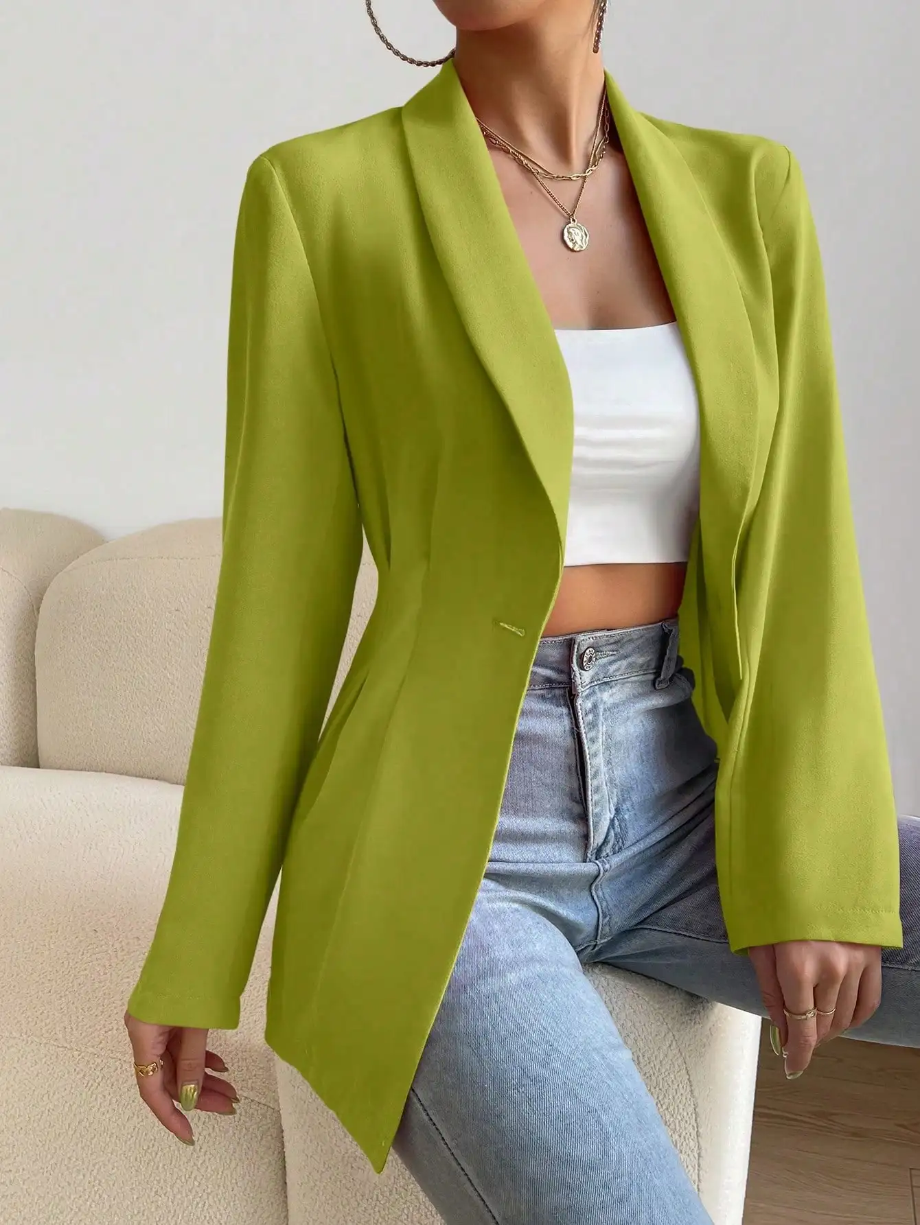 Damen Einfarbiger Klassischer Blazer Langarm Einknopf Slim Fit Büro-Arbeitsjacke Herbst Frühling Formelle Oberbekleidung – Detail 5