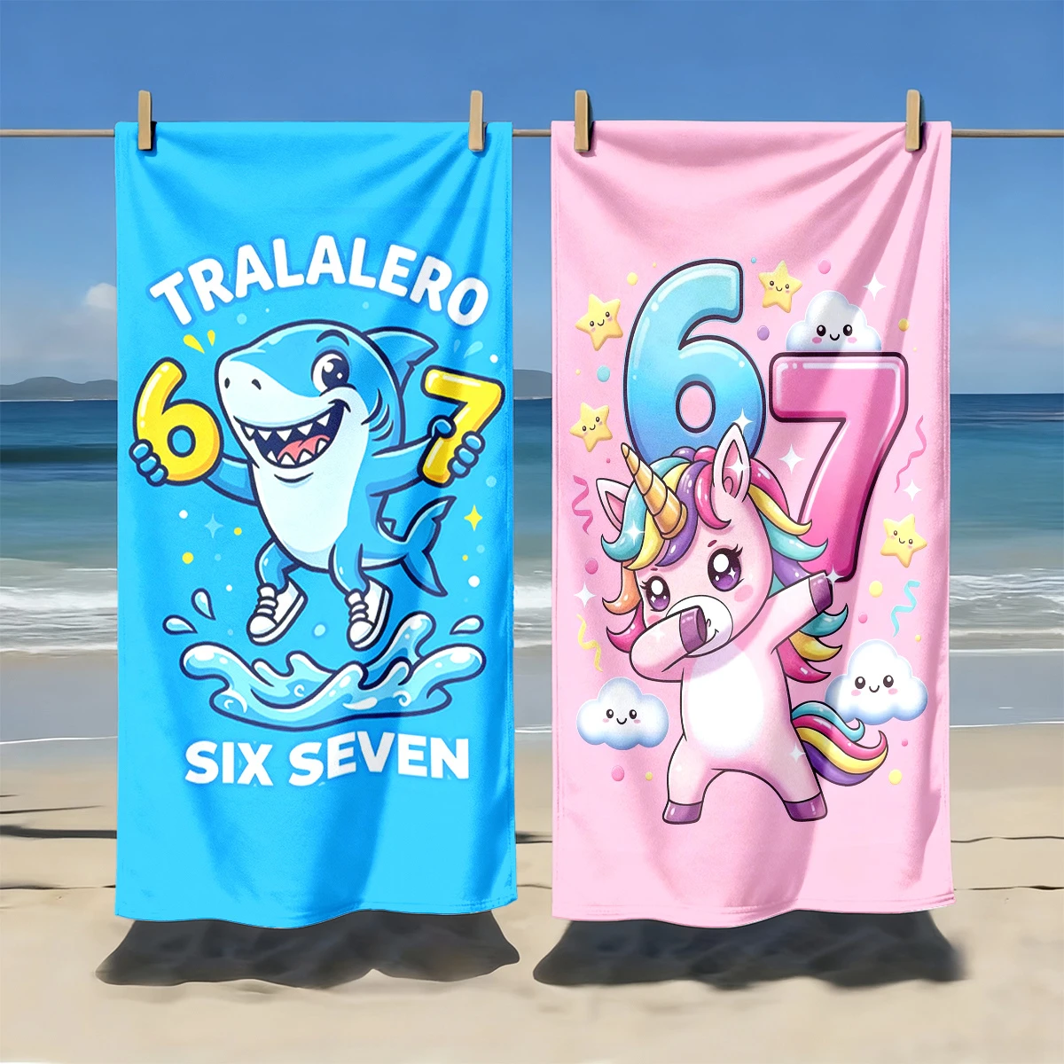 2pcs Cute Cartoon Shark & Unicorn 6-7 Themed Quick Dry Beach Towels Set Suitable for outdoor travel and swimming