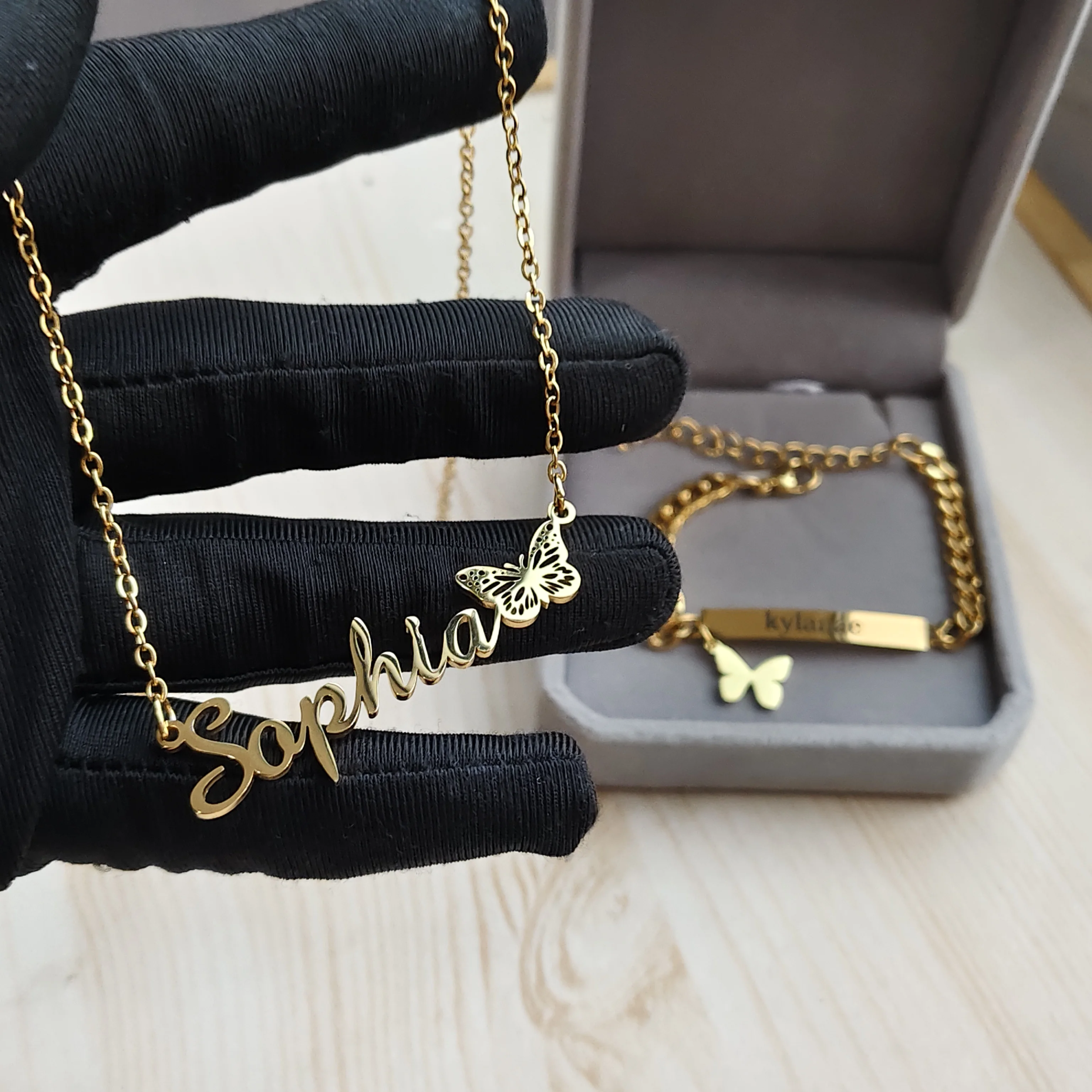 DHQH Customized Name Butterfly Necklace Bracelet Personalized Letter/Logo Butterfly Set Birthday Gift Manufacturer Direct Sales