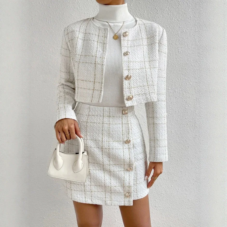 2026 Round-neck. Tweed. High-waisted Single-breasted A-line Short Skirt A Sophisticated And Elegant Outfit Suitable For Work And