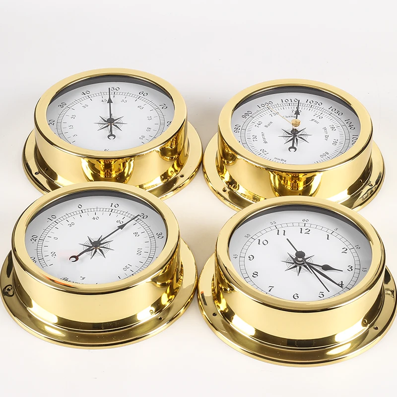 

4 pcs/set Brass Case Traditional Weather Station Barometer Temperature Hygrometer Humidity and Clock 145mm Large size B9145