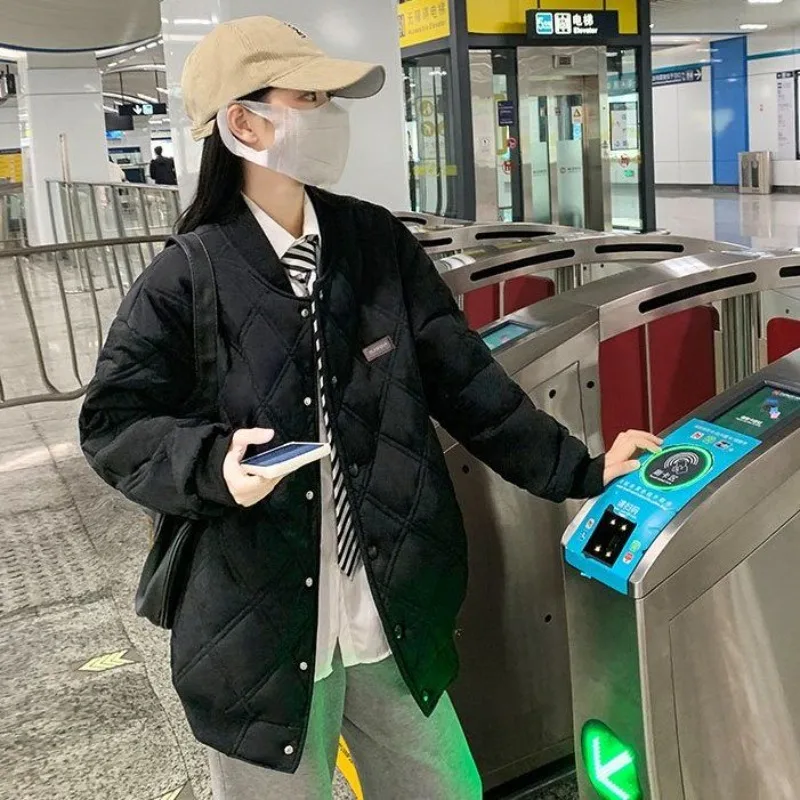 

Women Fleece Baseball Collar Jacket Windproof Winter Outdoor Rhombic Quilted Lattice Outerwears Casual Loose Fleece-Lined Coats