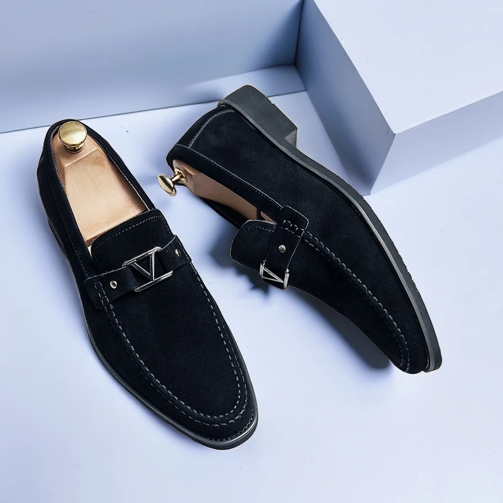 New Black Loafers Men Flock Shoes Business Blue Breathable Slip-On Solid Shoes Handmade  Size 38-48