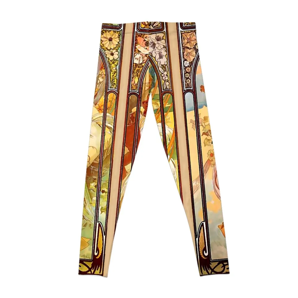 Alphonse Mucha (1860 – 1939) The Times of the Day Series 1899 Leggings Sweatpants sport legging Womens Leggings