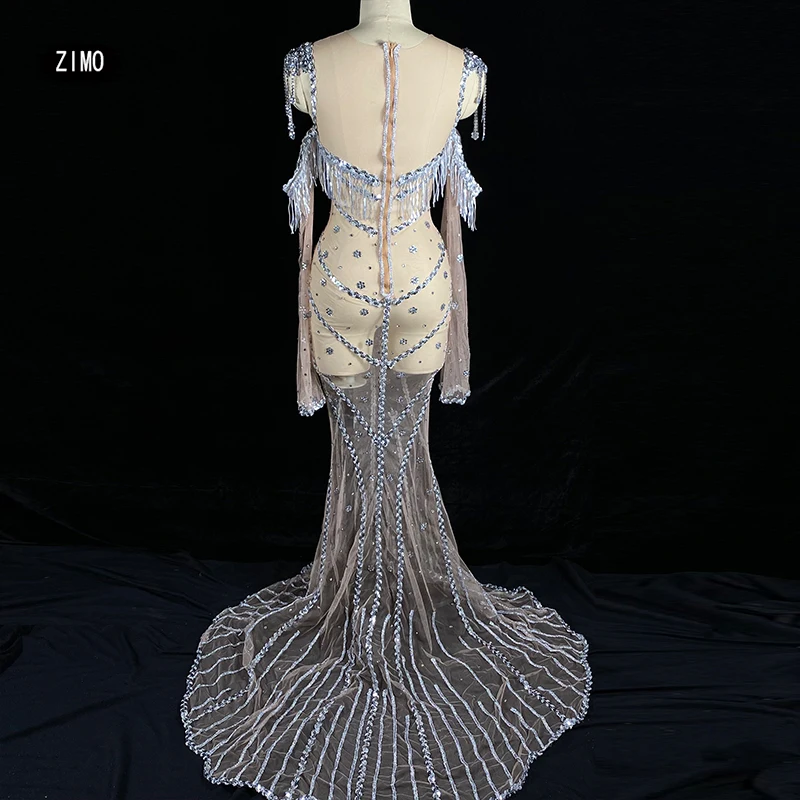 sexy see through dress mesh rhinestones sequin dress fringe Elegant mermaid off shoulder party birthday stage drag queen costume