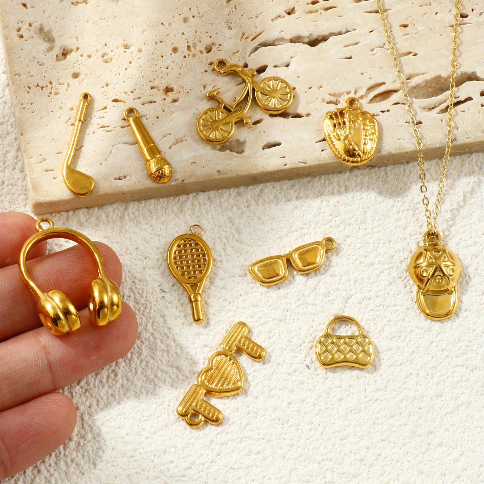 1 Piece Waterproof 304 Stainless Steel Charms 18k Gold Plated Microphone Sunglasses Handbag Bicycle Pendants For DIY Necklace