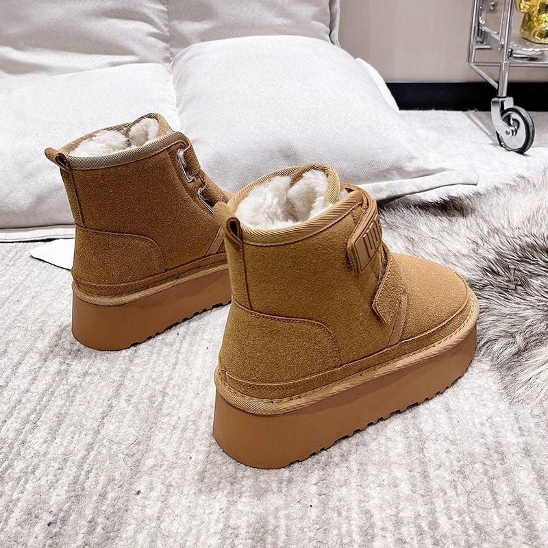 Winter Outdoor Women Ankle Snow Boots Ladies Plush Warm Shoes Classic Ultra Platform Cow Suede Furry Hook & Loop Flat Booties