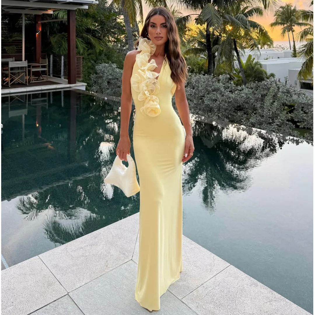 

Light Yellow Prom Dresses 2025 Halter Neck robes de soirée Organza Flowers Wedding Party Dress Customized فساتين سهرة