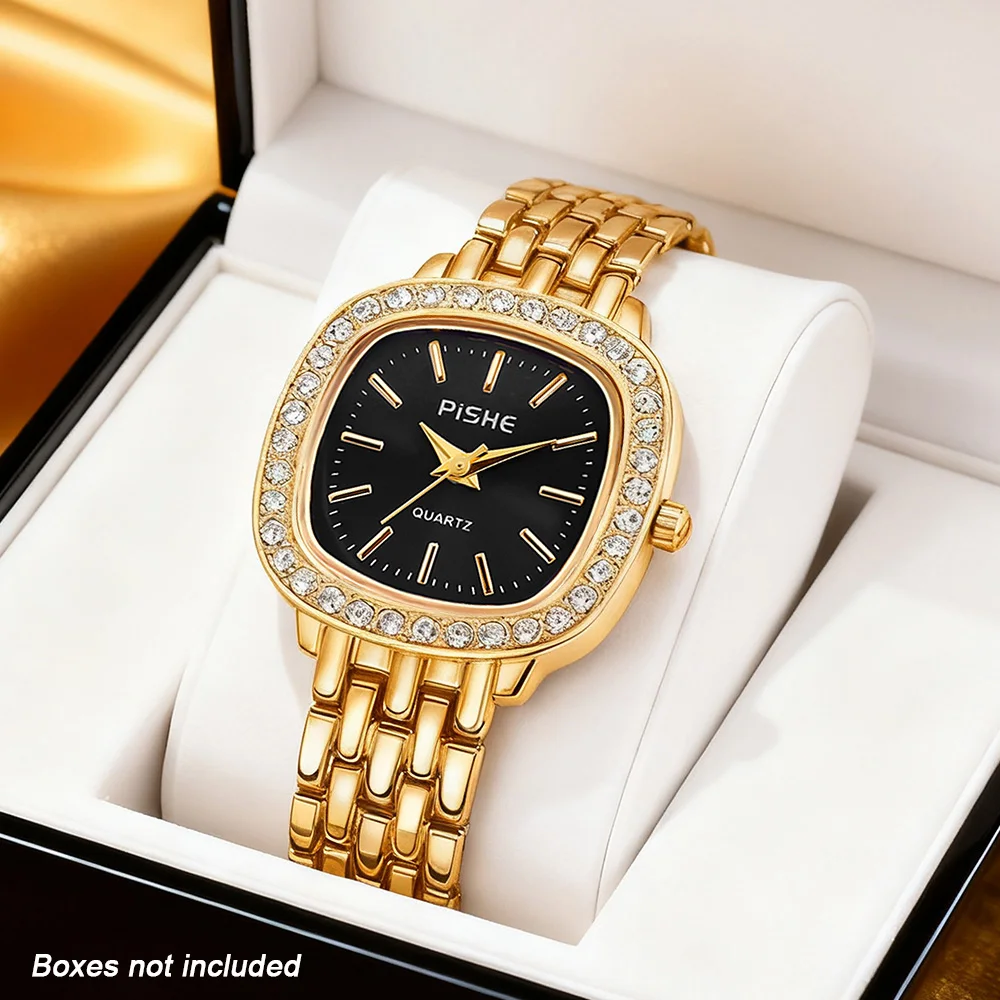 1pc Latest fashion quartz ladies' watch set, with a golden alloy band and high-end high-quality design