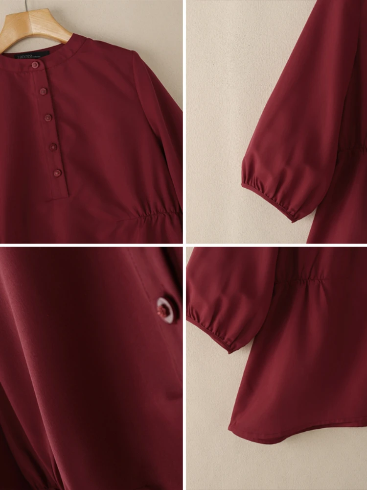 ZANZEA Casual Chic Gathered Detail Blouses Women Spring 2026 O-Neck Half-Button 3/4 Puff Sleeve Solid Color Tops Woman Clothes