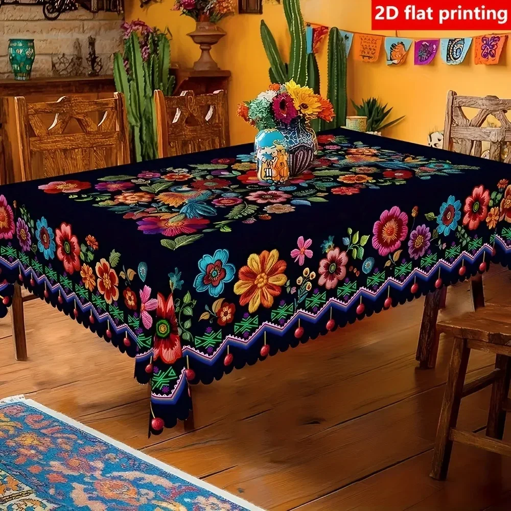 Tablecloth 1 piece. Features Mexican embroidery-style floral patterns. Has a folk art and passionate style.xzj