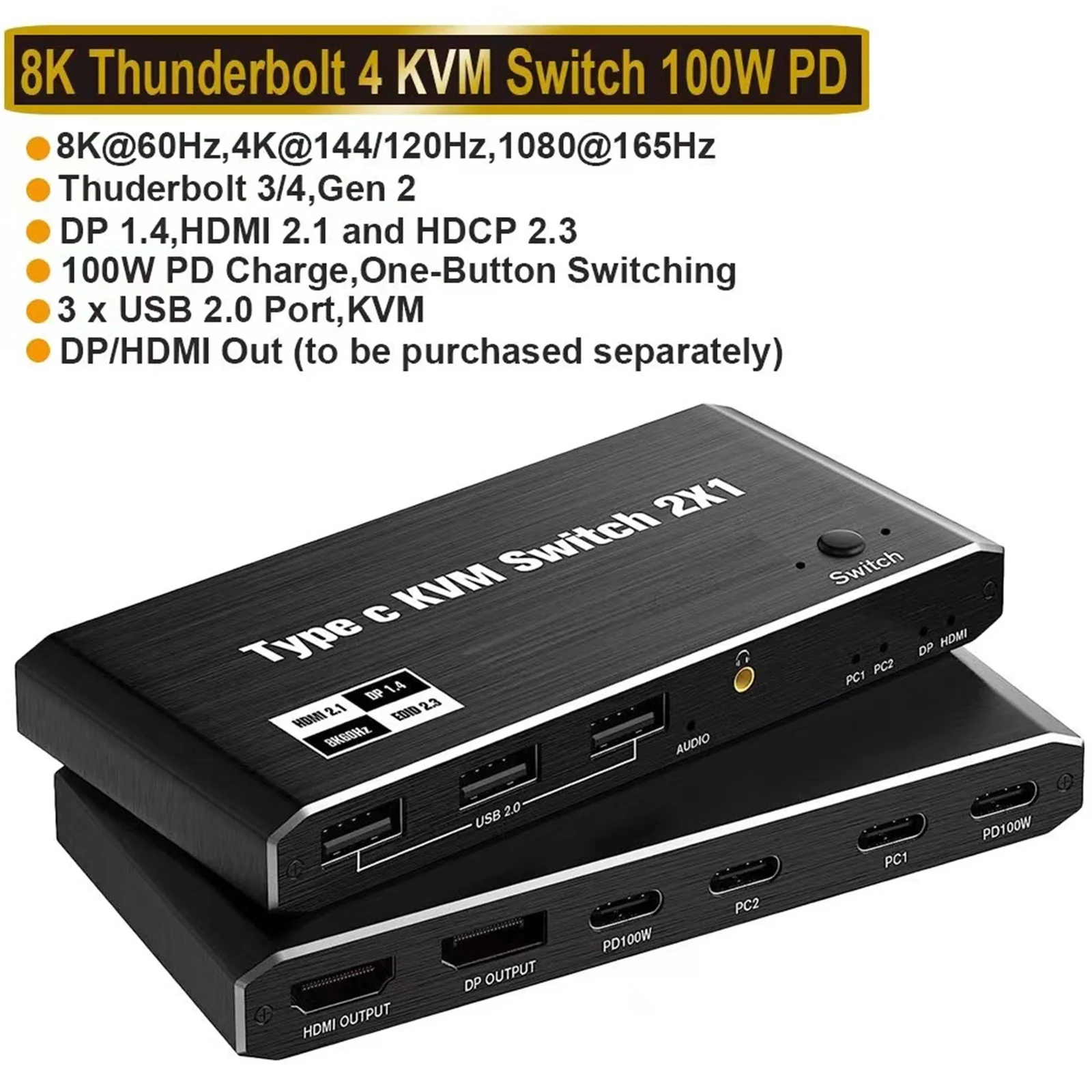 USB C KVM Switch 100W PD Charging Dual Port TypeC KVM Switcher USB-C DisplayPort 1.4 2x1 Thunderbolt 4 8K For 2 Laptop 1 Monitor