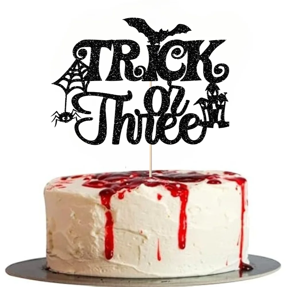 Schwarzer Süßes oder drei Kuchen-Topper, alles Gute zum 3. Geburtstag, Kuchen-Topper, Halloween-Themen-Party-Dekorationszubehör zum 3. Geburtstag