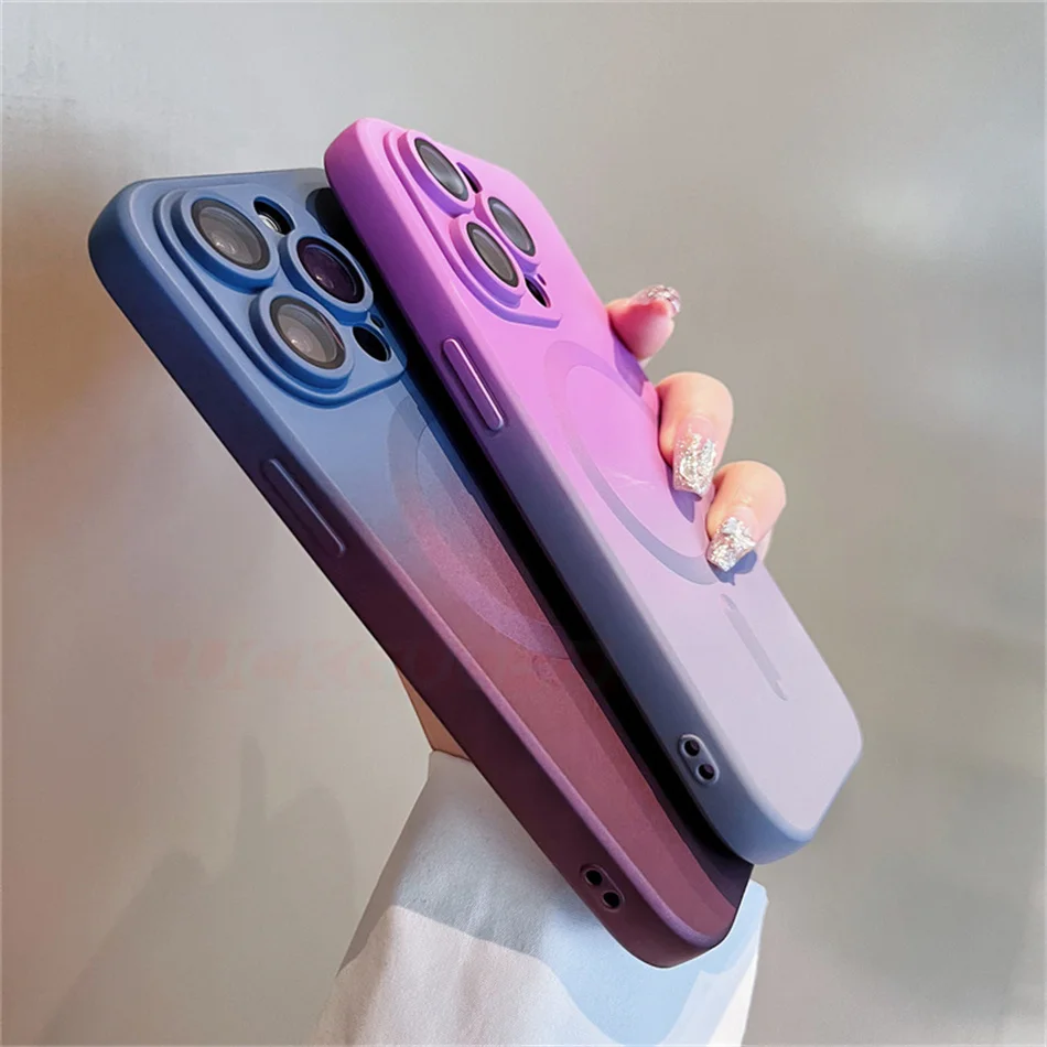Luxury Gradient Contrast Silicone For Magsafe Case For iPhone 15 14 13 12 11 Pro Max Lens Protector Wireless Charging Cover TPU image 2