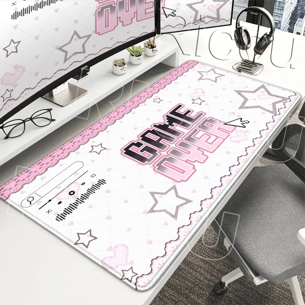 Game Over Pixel Art Extended Mouse Pad Pink Y2k Kawaii Aesthetics Anti-slip Rubber Base Desk Mat Locking Edge Keyboard Decor Mat