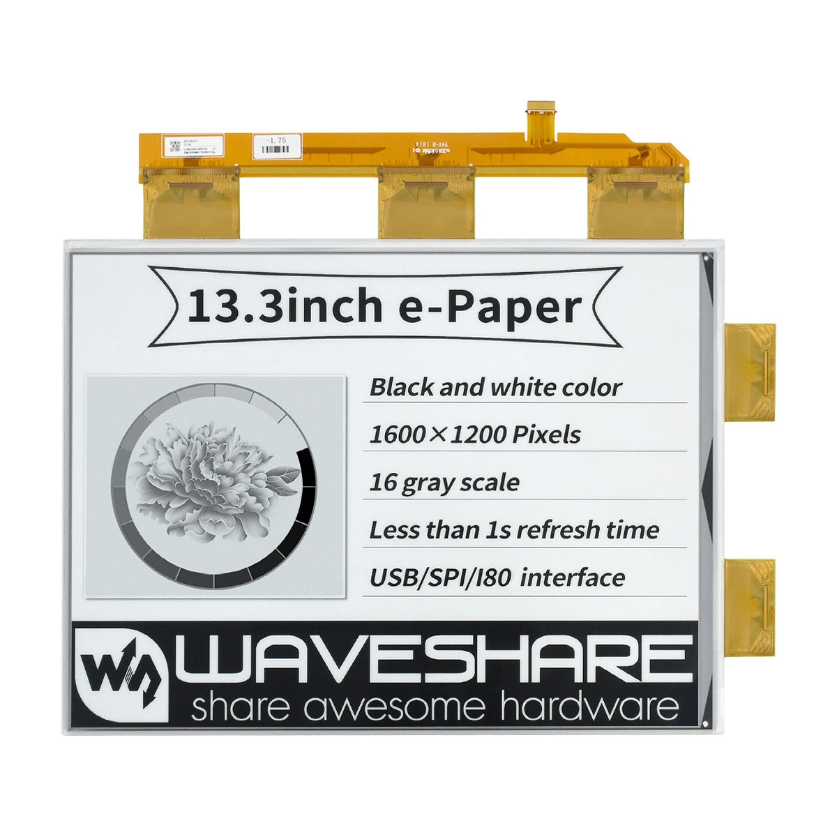 

Waveshare 13.3inch e-Paper e-Ink Raw Display 1600X1200 Black / White 16 Grey Scales Parallel Port Without PCB