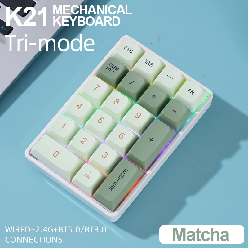 Wireless Numeric Keypad Numpad Mechanical Keyboard 21 Keys One Hand Keyboard Bluetooth 2.4G Connect RGB K21 Finance Accounting
