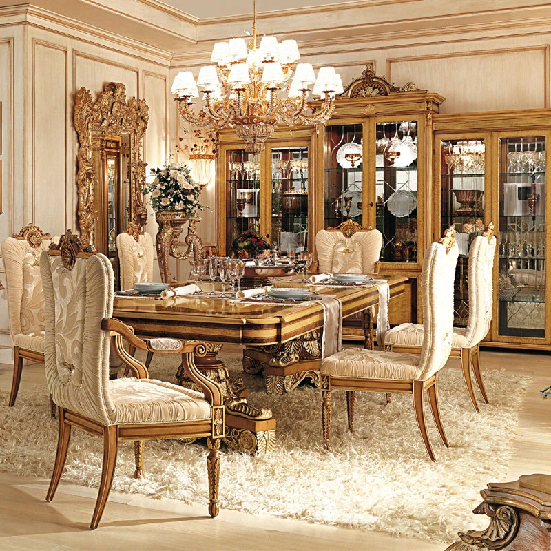 !@Luxurious Antique Gold Leaf Wood Veneer Table Top Rectangle Hand Carving Dining Table Set Royal Home Furniture