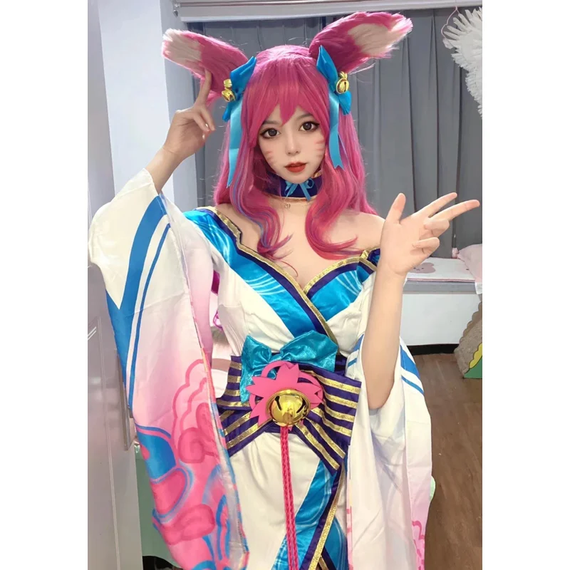 ss13Ahri コスプレ衣装アニメゲーム LOL スピリットブロッサムリーグ・オブ・レジェンドドレス女性ガールウィッグハロウィンパーティーセクシーな着物 Su