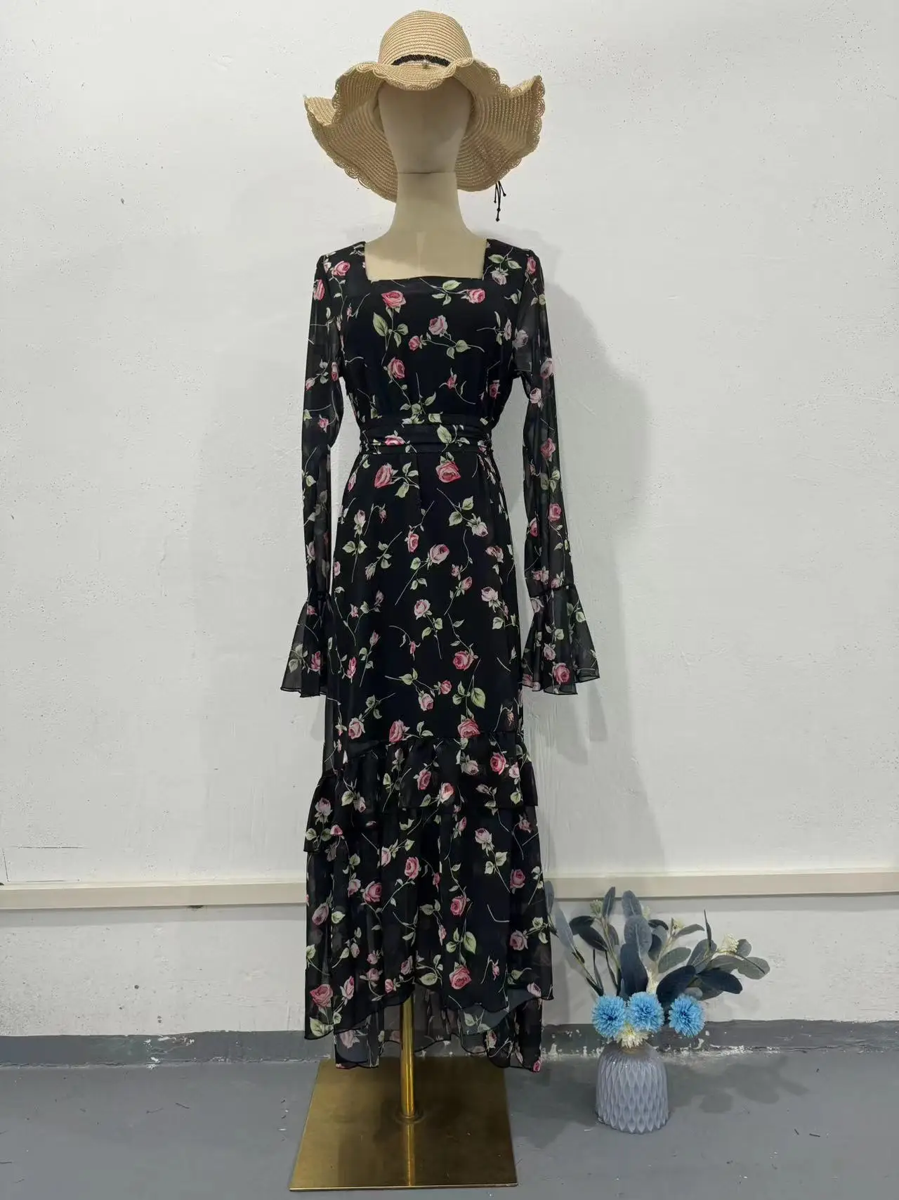 Women\'s High Waist Slim Maxi Dress Elegant Fresh Sweet Printed Chiffon Dress Asymmetrical Layered Lotus Sleeve Tie Dresses
