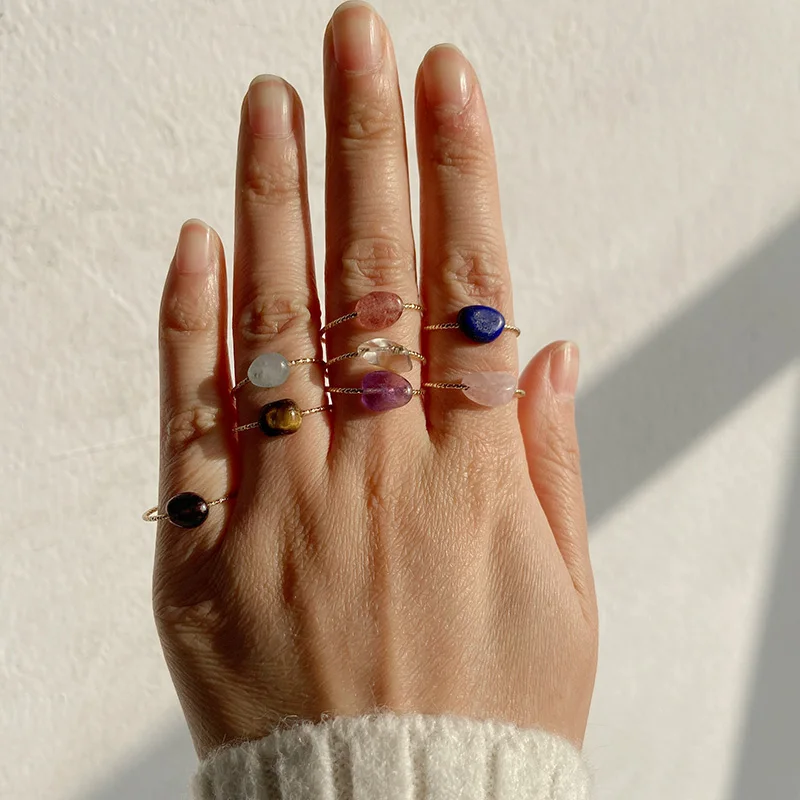 New Simple Irregular Stone Rings Random Shape Natural Stone Rose Quartzs Rings For Women Finger Rings Party Wedding Jewelry Gift