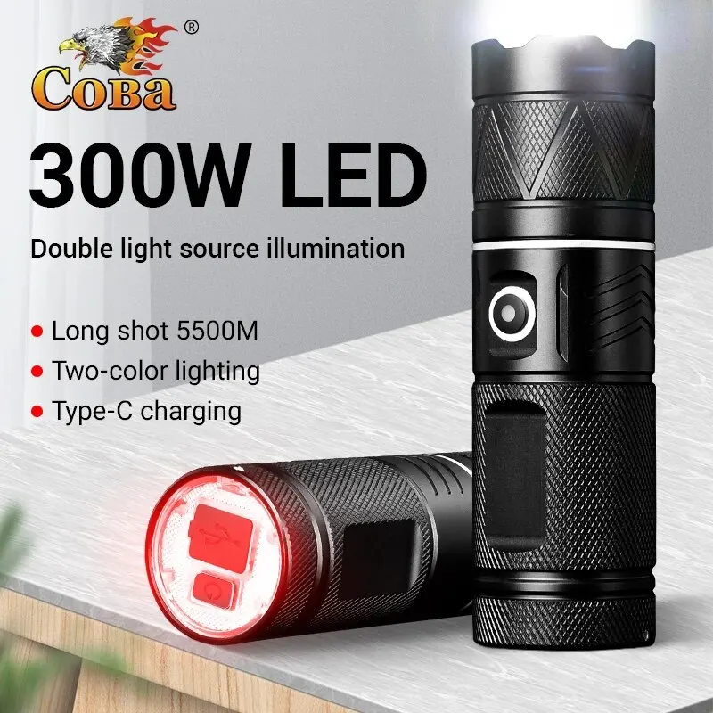 COBA Powerful Spotlight Long Range LED Flashlight With SMD Tail Light Lantern Built-in Battery Type-C Charging Torch for Fishing