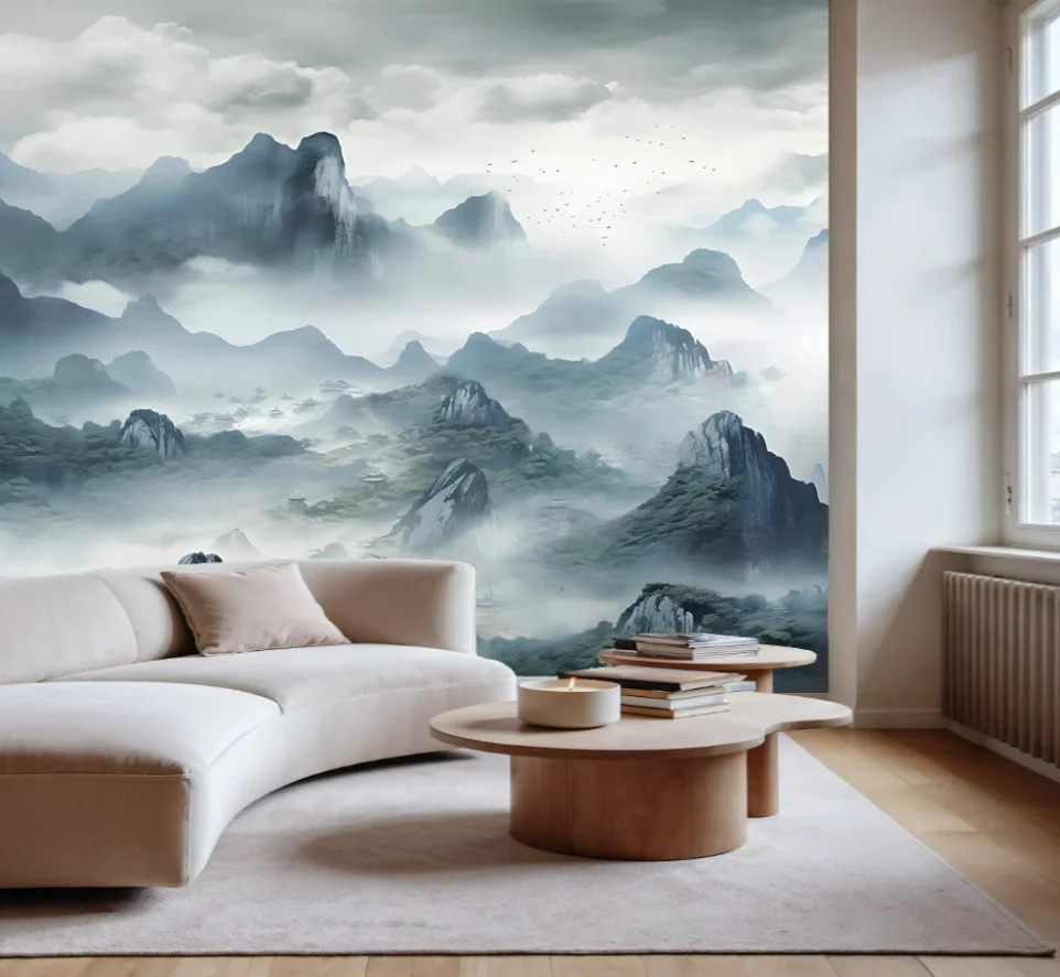 Customized murals, rain and fog imagery, landscape wallpaper, home decoration Chinese ink painting, fairyland mountain wallpaper