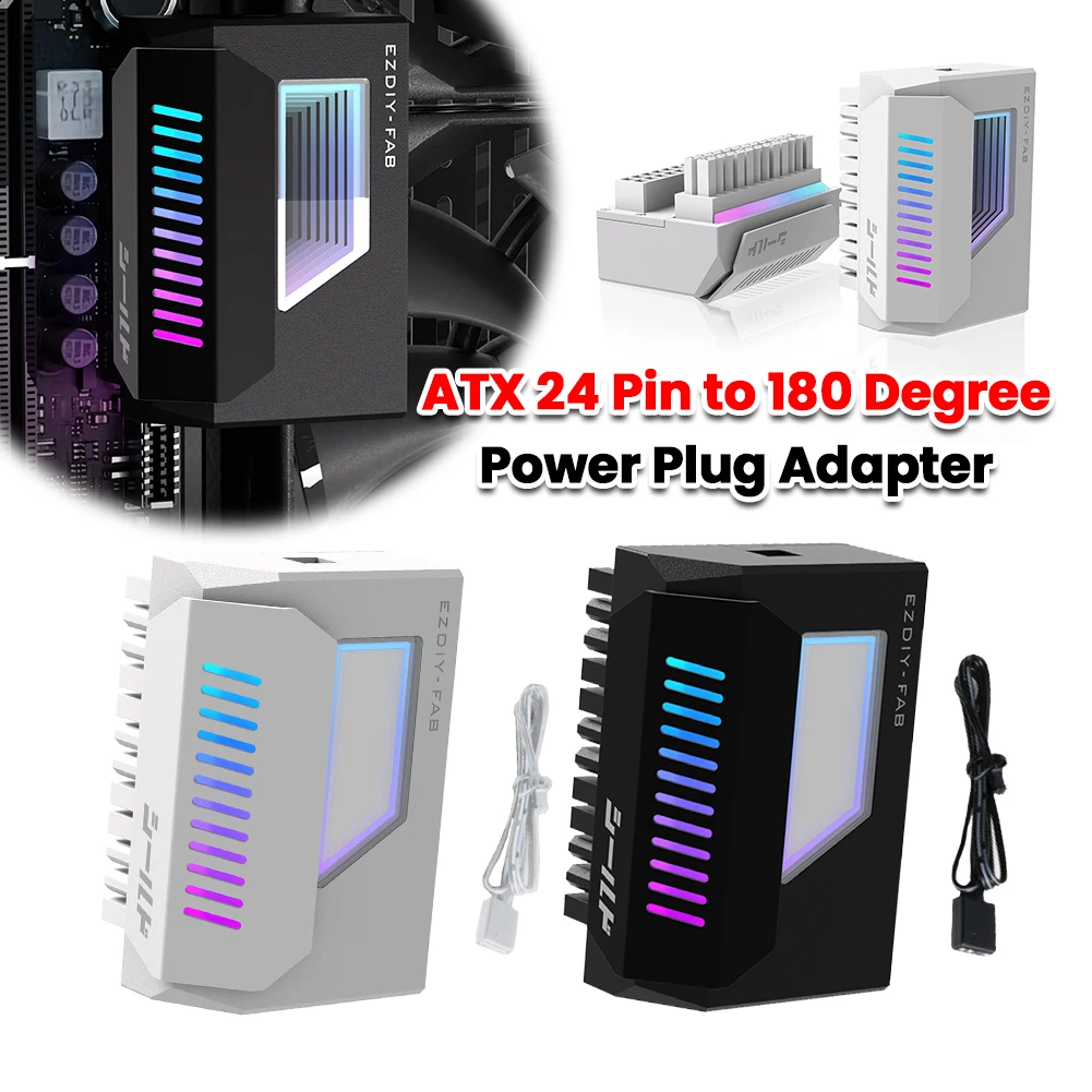 New ATX 24 Pin To 180 Degree Power Plug Adapter with Infinity Mirror ARGB Light Mainboard Motherboard Power Supply Cable Modular