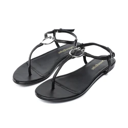 2023 Summer Women's Flat Sandals Metal Women's Slippers Clip on Rubber Beach Shoes Outdoor Casual Leather Sandals Plus Size34-44