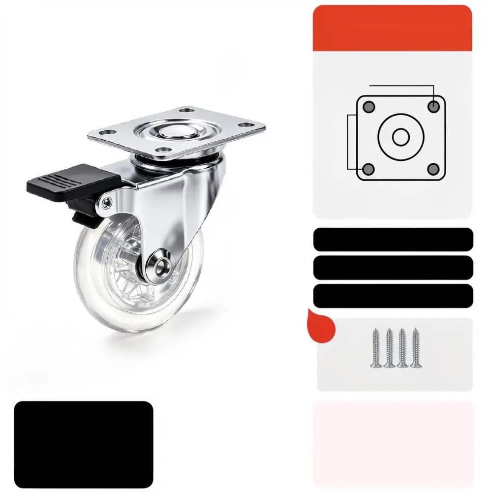 1.5 Inch Clear Swivel Caster With Brake Silent Furniture Roller Replacement For Home Storage Cabinet Cart Base Mobility