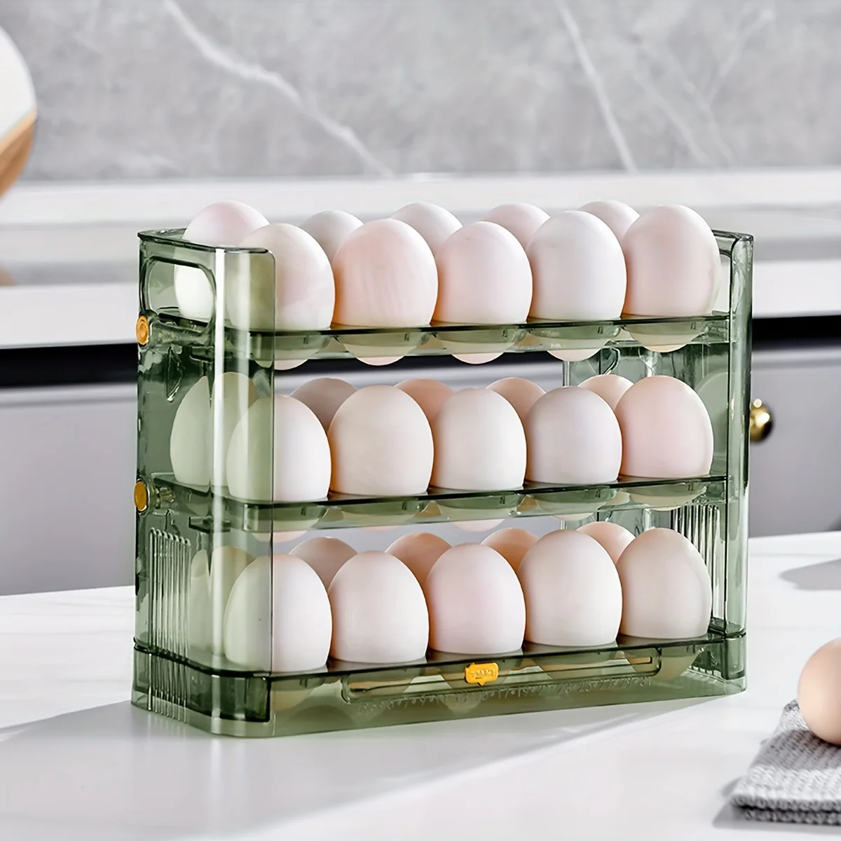 

Modern Plastic Egg Holder Organizer with Automatic Rolling Design, 30 Egg Capacity, Space-Saving Refrigerator Container Wallet