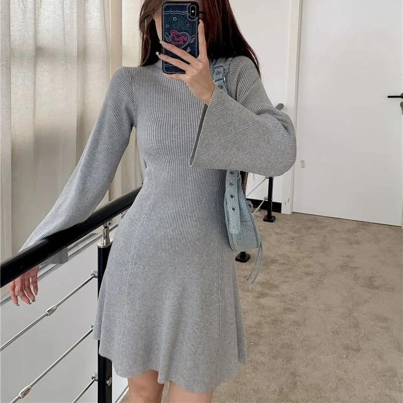 Women Mock Neck Flare Long Sleeve Knit Dress Slim Fit A Line Short Casual Sweater Dress