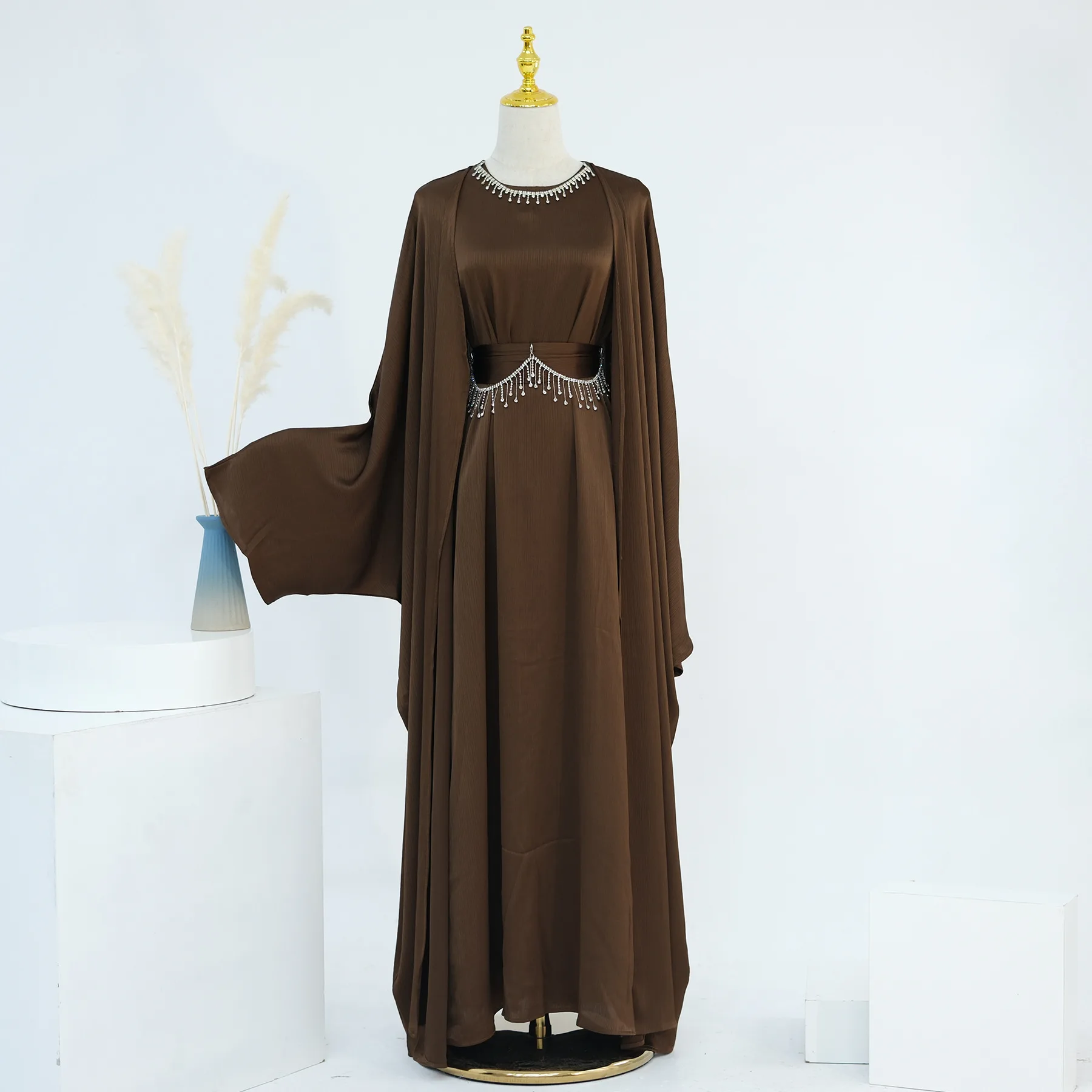 Eid Ramadan Women Open Abaya Kaftan Dubai Turkey 2 Piece Muslim Set Luxury Islam Robe Dress Kimono Morocco Clothing Caftan Gown